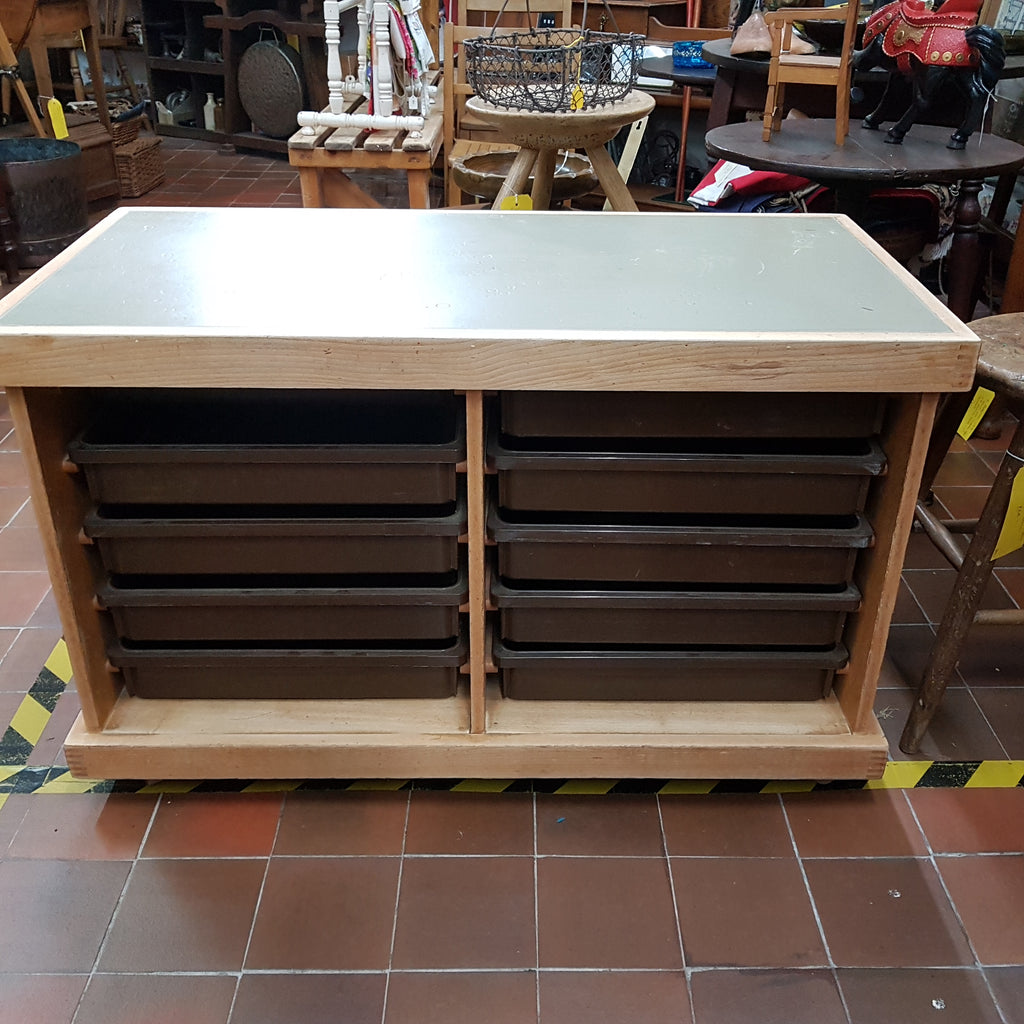 Retro School Bank of 10 Drawers With Vinyl Top - On Wheels